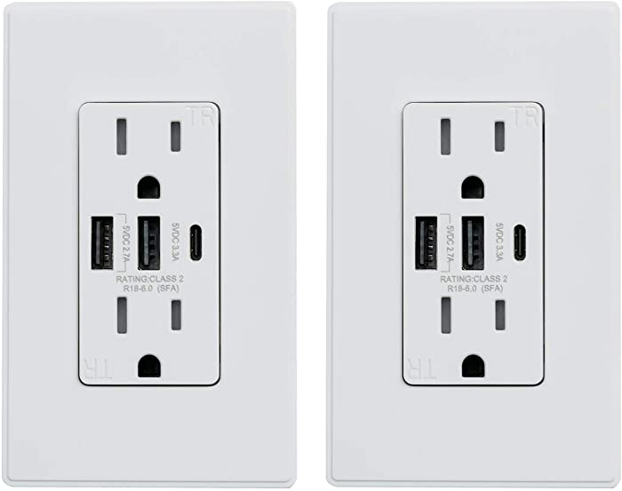 ELEGRP 30W 6.0 Amp 3-Port USB Wall Outlet, 15 Amp Receptacle with USB Type C Type A Ports, USB Charger for iPhone, iPad, Samsung, LG, HTC and Android Devices, UL Listed, with Wall Plate, 2 Pack, White