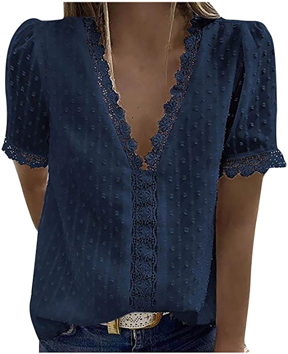 Womens Chiffon Blouses Vintage Swiss Dot V Neck Lace Crochet Lantern Long Sleeve T Shirts Casual Office Work Tunic Top