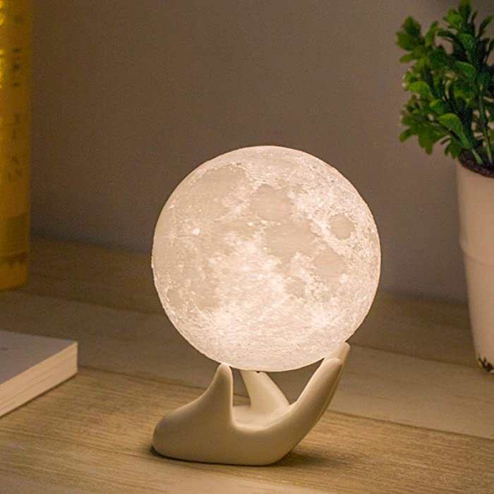 Mydethun Moon Lamp, 3.5 Inch - 3D Printed Lunar Lamp - Moon Light - Night Lights for Kids Room, Women, Home Decor, Gifting - Ceramic Hand Base - Touch Control Brightness - White & Yellow