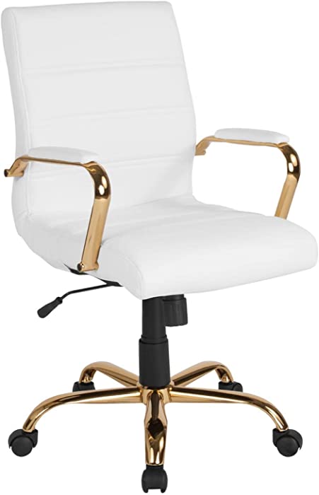 Flash Furniture Mid-Back Desk Chair - White LeatherSoft Executive Swivel Office Chair with Gold Frame - Swivel Arm Chair