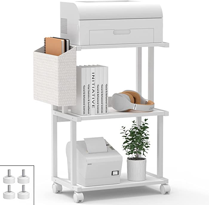 Ostreeful 3 Tier Printer Stand Modern White Printer Mobile Wooden Printer Shelf Table Organizer for Home Office Kitchen