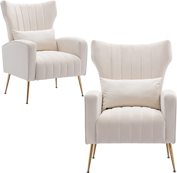 DM-Furniture Velvet Accent Chairs Set of 2 Modern Side Lounge Chair with Golden Legs Wingback Single Sofa Couch for Bedroom Restaurant, Cream