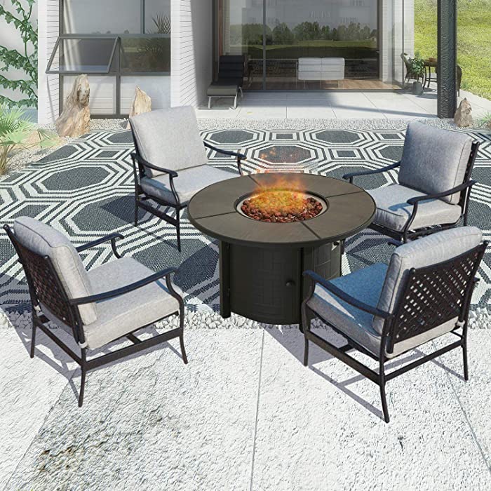 PatioFestival Patio Conversation Set Outdoor Furniture CSA Certification 50,000 BTU 41.7 Inch Round Propane Fire Pit Table Sets with Rocking Chairs (5 Pcs,Grey)
