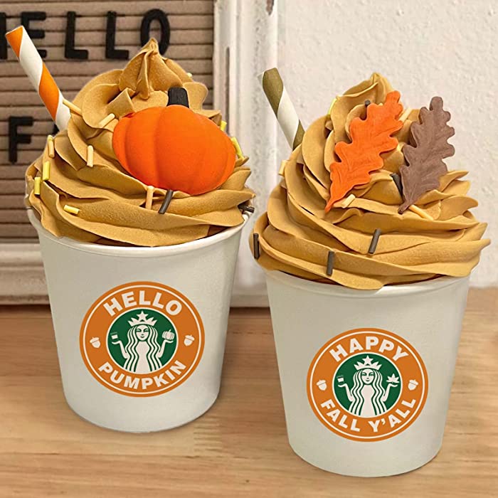 Fall Decor - Fall Decorations for Home - 2 Pack Mini Pumpkin Spice Latte Cups with Faux Whipped Cream - For Autumn Tiered Tray Thanksgiving Farmhouse Table - Fall Gifts for Women