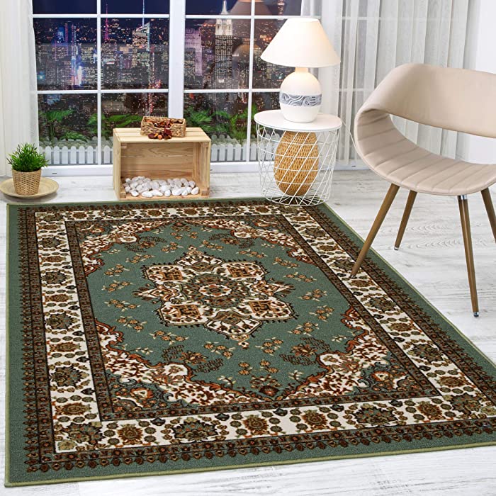 Antep Rugs Alfombras Oriental Traditional 8x10 Non-Skid (Non-Slip) Low Profile Pile Rubber Backing Indoor Area Rugs (Green, 7'10" x 10')