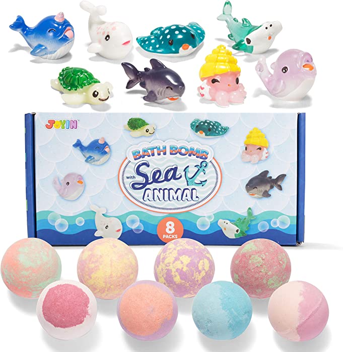 JOYIN Bath Bombs for Kids with Sea Animal Toys, 8 Pack Bubble Bath Bombs with Surprise Toy Inside, Natural Essential Oil SPA Bath Fizzies Set，Easter Gifts for Boys and Girls