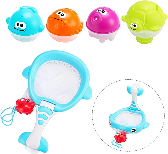 AUGESTE Baby Bath Toys with Floating Squirts Basketball Fishing Net Shoot and Store Toy Set for Toddlers Kids in Bathtub Bathroom Pool Bath Time (2 in 1 Whale Style)