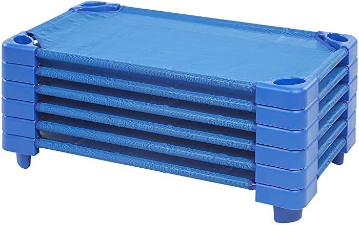 ECR4Kids-ELR-16114 Toddler Naptime Cot, Stackable Daycare Sleeping Cot for Kids, 40" L x 23" W, Ready-to-Assemble, Blue (Set of 6)