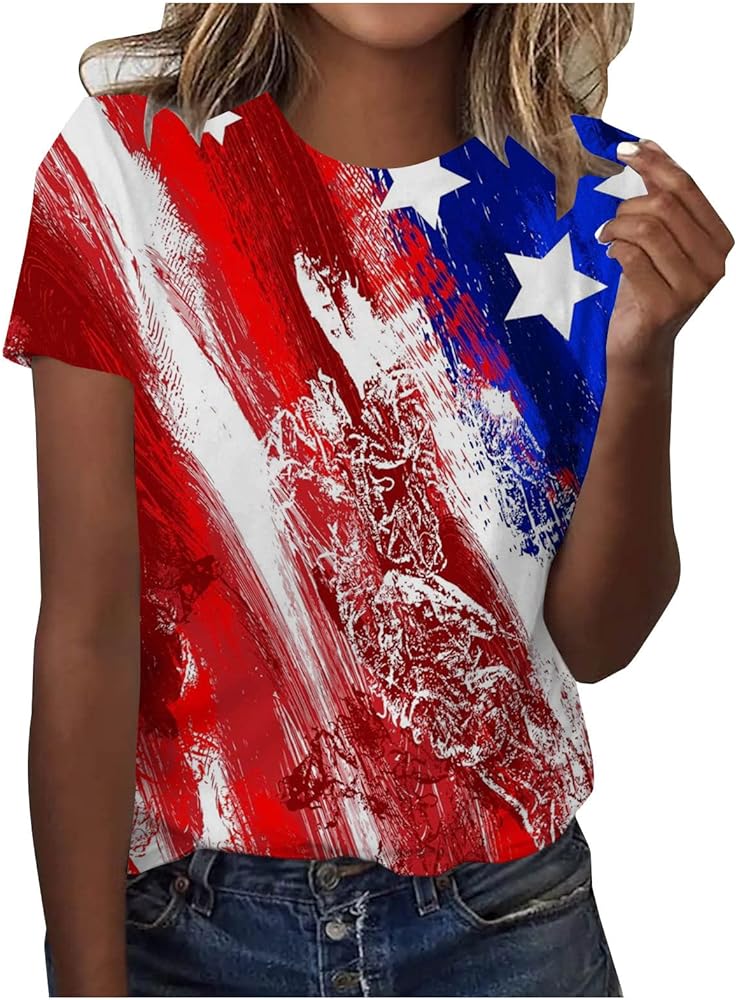 Ceboyel Women Patriotic Casual Tshirts American Flag Short Sleeve Graphic Tees 4Th of July Tops Shirts Trendy Clothes 2023