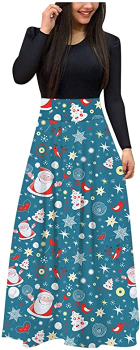 iDWZA Women Christmas Print Maxi Dress Long Sleeve Long Maxi Dress Ladies Casual Dress