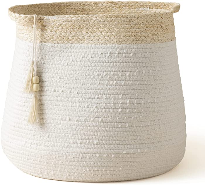Rope Basket Woven Storage Basket - Laundry Basket Large 17.3x 15 x 14.1 Inches Cotton Blanket Organizer, Baby Nursery Containers White Home Decor Gift