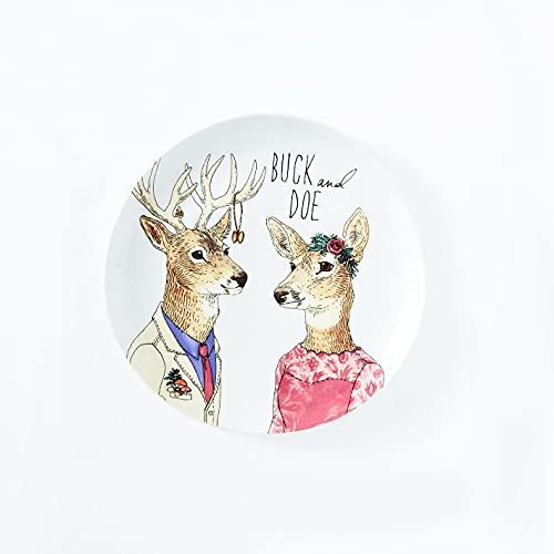 Dapper Animal - Couple Buck and Doe - Salad Plate - 1 Each - West Elm, multi colored, 8.5 inch diam. x 1 inch h.