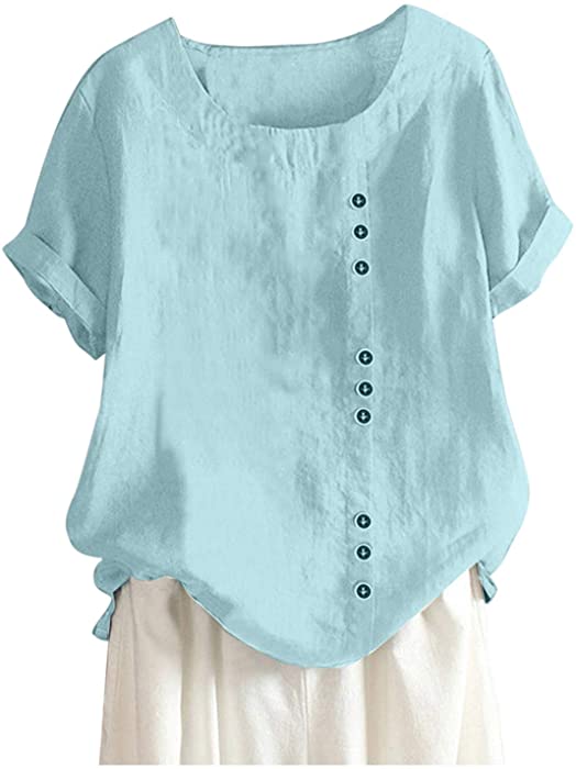 Cotton Linen Blouses for Women Summer Boho Dandelion Printed T Shirts Button O-Neck Short Sleeve Cute Graphic Tee Tops
