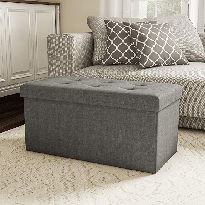 Lavish Home Storage Bench Ottoman Large Folding Tufted Foot Rest Organizer with Removable Bin for Home, Bedroom, or Living Room, Grey