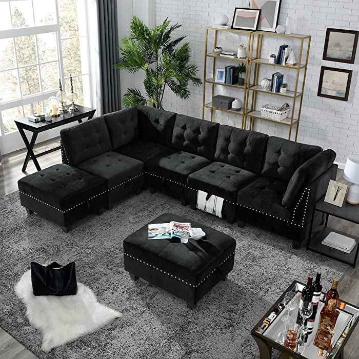 Melpomene 116'' Velvet L Shape Sectional Sofa with Storage Function and DIY Combination, Rivet Living Room Furniture Sets IncludesThree Single Chair Two Corner and Two Ottoman
