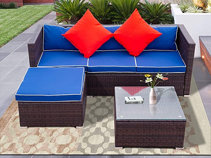 GAOPAN 3 Piece Rattan Patio Furniture Set, Outdoor Wicker Cushion Sectional Sofa for Garden Backyard Porch Pool Include Glass Top Coffee Table, Chair and Ottoman, Brown Blue