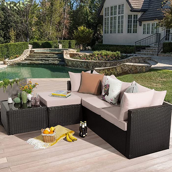 Pretzi Patio Furniture Sets, Outdoor Sectional Sofa, All Weather Rattan Wicker Couch with Washable Cushions and Glass Table, Patio Conversation Set for Porch Backyard Garden Pool Deck Balcony