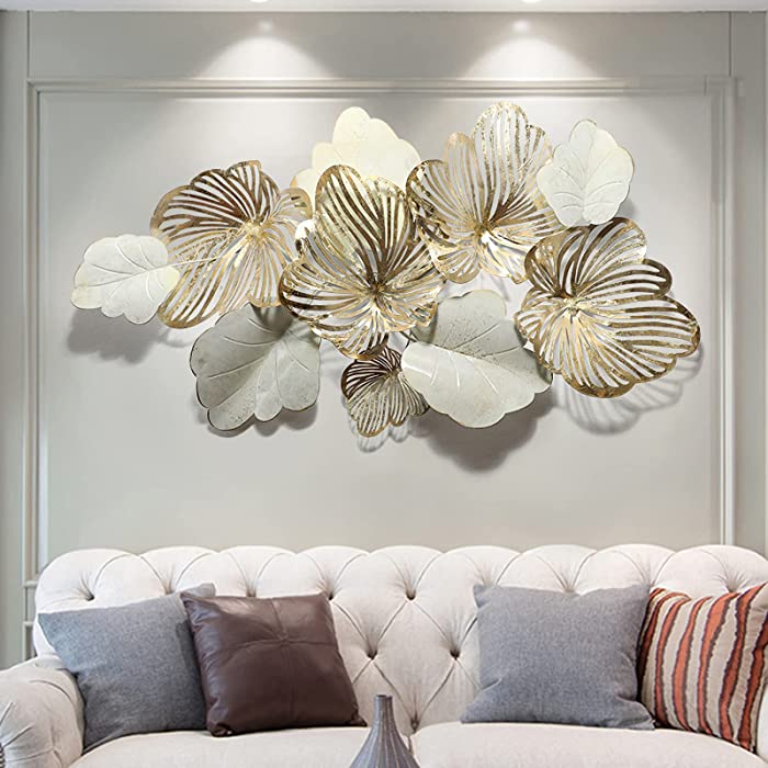 3D Metal Wall Decor Metal Wall Art Leaves, Modern Gold Home Decor Wall Sculptures "Gold Flower Blooming" Handmade Wall Hanging Artwork Decoration for Living Room Bedroom Luxury Kitchen Gifts ,132x72cm/52"x29"
