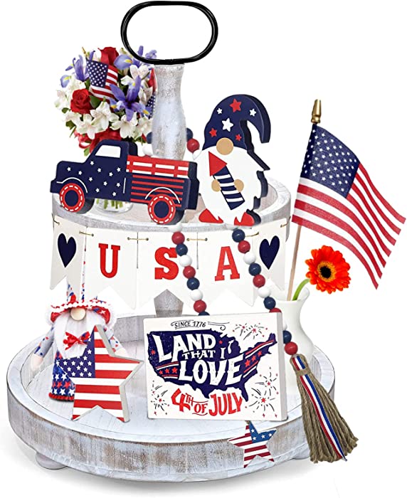 ALNILK 4th of July Tiered Tray Decor, 10 Pcs Patriotic Tiered Tray Decor Bundle, Wooden Independence Day Signs 4th of July Decor Home Table Memorial Day Independence Labor White Blue Red Decorations