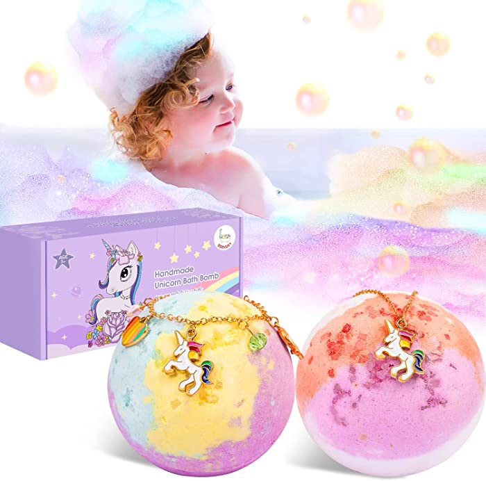 QOEKUEY Bath Bombs for Kids, Unicorn Kids Bath Bombs with Surprise Inside Necklace & Bracelet Unicorn Bath Bombs for Girls, Natural Ingredients, Unique Festival or Birthday Gift-Over 3 Years Old