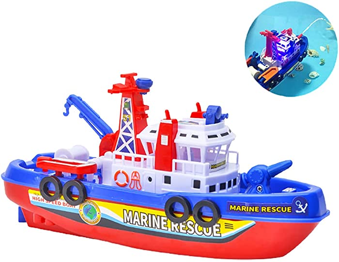 Miracland Marine Rescue Ship Bath Toy, Funny Boat Bathtub Toy Fire Fighting Vessel Fireboat Water Toy Water Spray Boat Tub Toy with Sound and Light Function (Marine Rescue Ship)