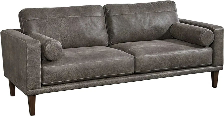 Signature Design by Ashley Arroyo Mid Century Modern Faux Leather Sofa, Dark Gray