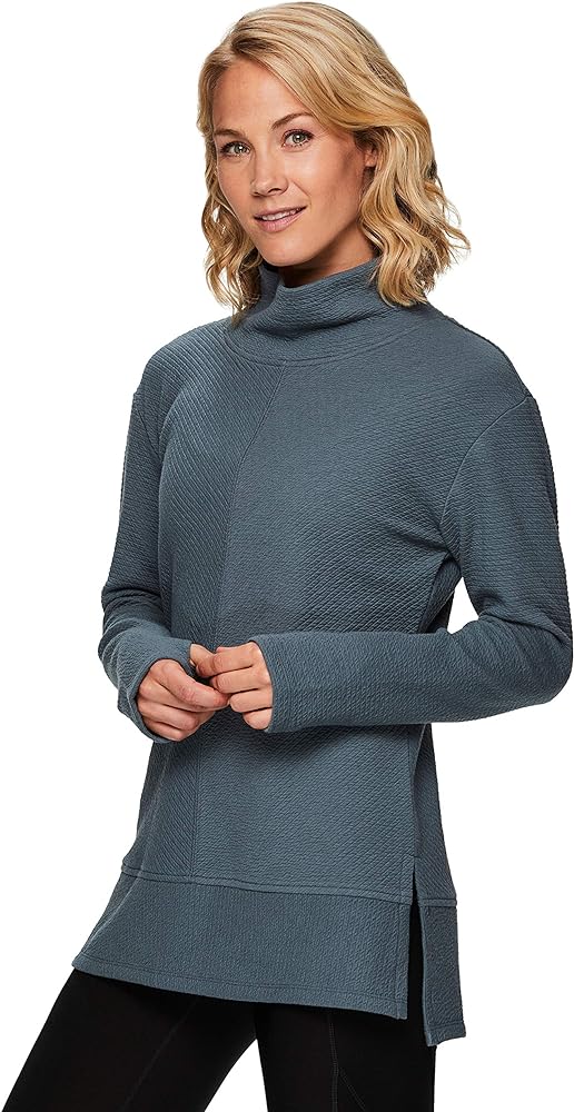 RBX Active Women's Ultra Soft Quilted Cowl Neck Pullover Sweater, Lightweight Mock Neck Tunic Sweatshirt with Thumbholes