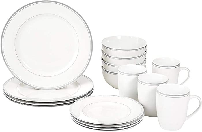 Amazon Basics 16-Piece Cafe Stripe Kitchen Dinnerware Set, Plates, Bowls, Mugs, Service for 4, Grey