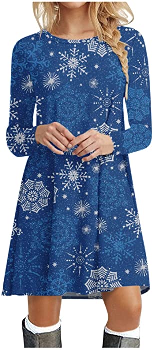 iDWZA Fashion Women Casual Long Sleeve O-Neck Christmas Print Ladies Loose T-shirt Dress Mini Swing Dress
