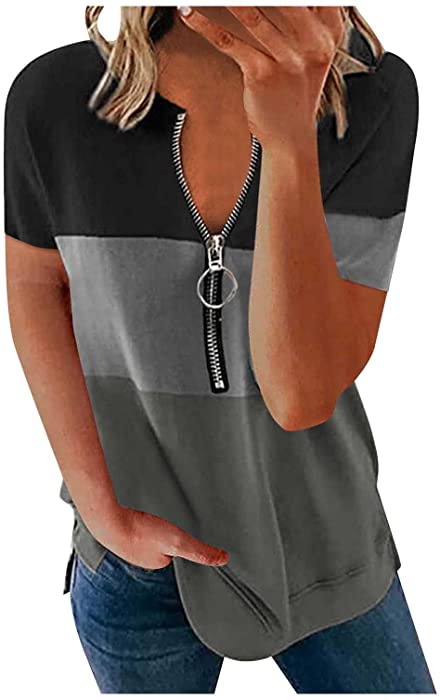 Womens Short Sleeve Summer Tops Loose Zipper Striped Casual Crewneck T-Shirt Blouses Color Block Side Split Tee Tunic