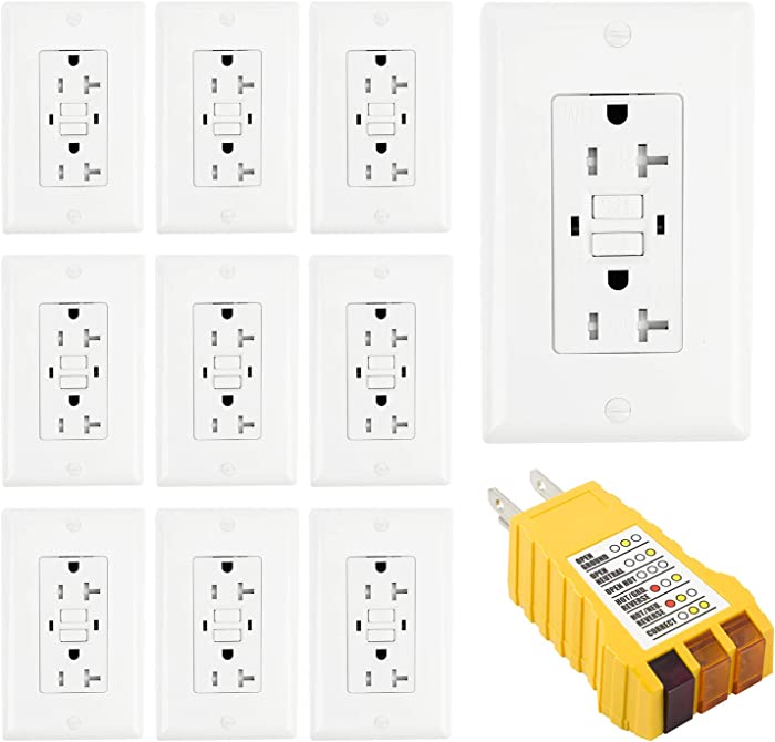 10 Pack GFCI Outlet 20Amp WR&TR,Ryanbrat 120V Self-Test Receptacle,Tamper Resistant Weather Resistant with LED Indicator Lights for Indoor Outdoor,UL&CUL Listed,10 Wall Plates,1 Free GFCI Tester,White