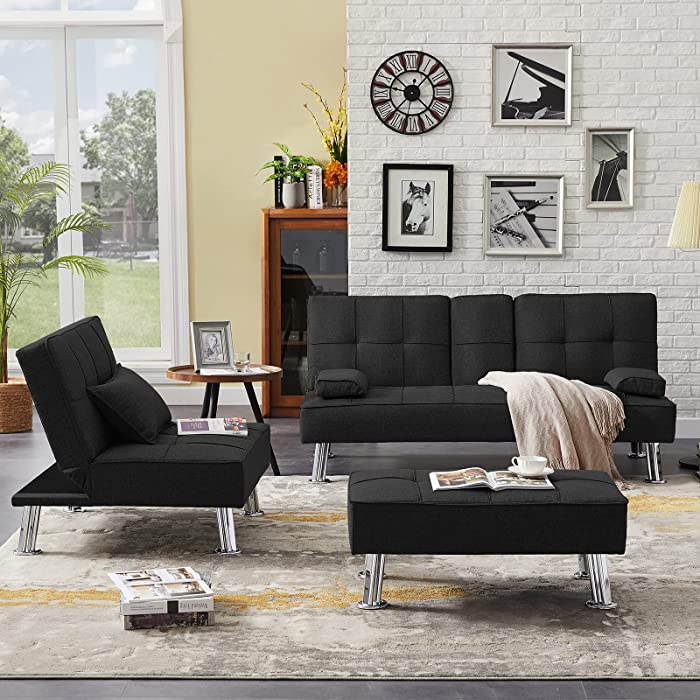 3 Pieces Convertible Sectional Sofa Couch, L-Shaped Sectional Sofa Bed with Two Cup Holders and Ottoman, Tufted Fabric Sofa with Removable Armrest, Modern Living Room Sofa Furniture Set (Black)
