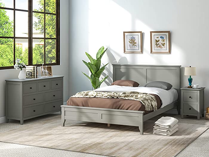 Merax 3-Piece Bedroom Furniture Set, Solid Wood Bedroom Set with Full Size Platform Bed, 7-Drawer Dresser and 2- Drawer Nightstand, Gray