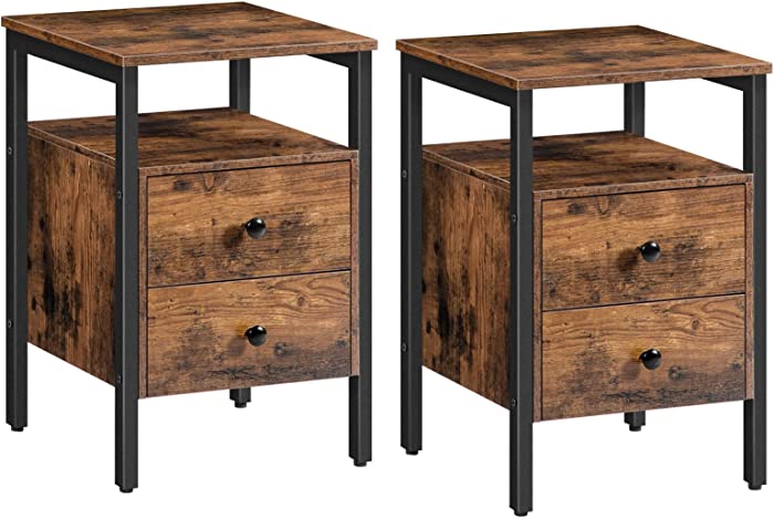 HOOBRO Nightstands Set of 2, Bedside Table with 2 Drawers and Storage Shelves, Side End Table, Sofa Table for Living Room, Bedroom, Accent Furniture, Easy Assembly, Rustic Brown and Black BF43BZP201G2