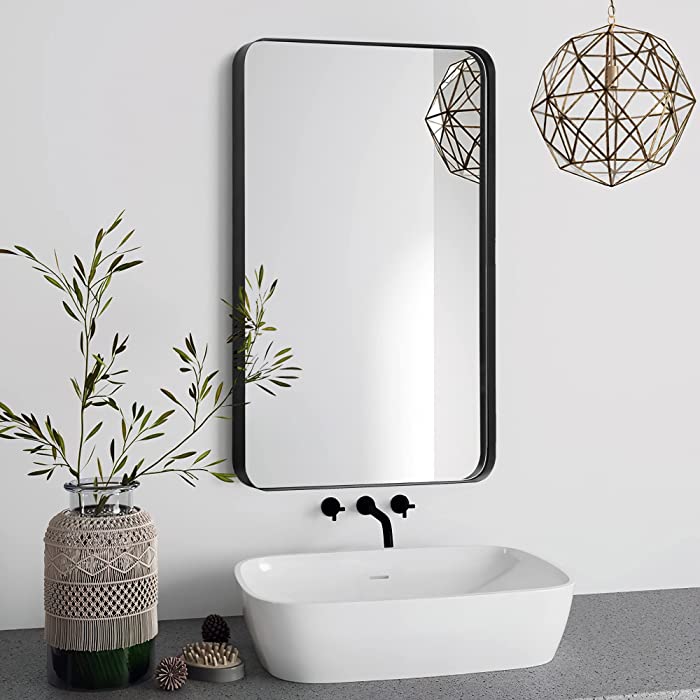 Black Bathroom Mirror, 24x36 Inch Stainless Steel Frame Vanity Mirror, Rounded Corner Rectangle Modern Mirror, Vertical Or Horizontal Hanging Mirrors for Wall Decor, Bedroom, Living Room