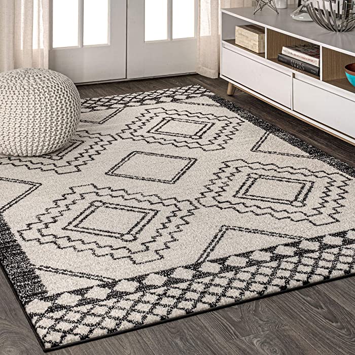 JONATHAN Y MOH200A-8 Amir Moroccan Beni Souk Indoor Area Rug Bohemian Farmhouse Rustic Geometric Easy Cleaning Bedroom Kitchen Living Room Non Shedding, 8 X 10, Cream,Black
