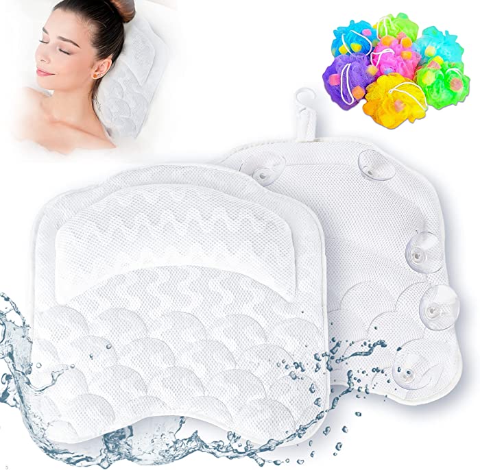 NYPI Bathtub Pillow for Back and Head Support Bath Cushion, Spa Bath Pillow with 4D air mesh - 8 Non Slip Suction Cups and Body Scrubber Sponge, tub Cushion Easily dryable, Washable, hangable, White