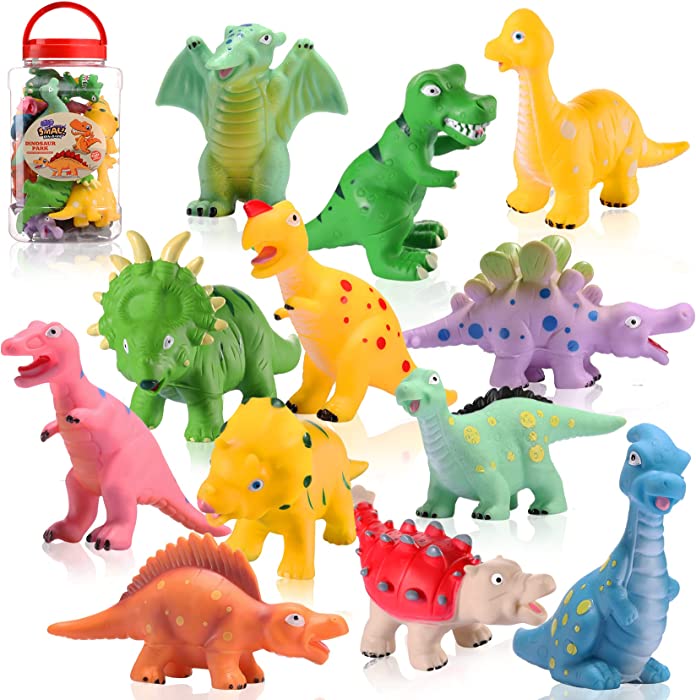 Baby Dinosaur Bath Toys for Toddler 1-3 Bathtub Toys 12pack Pool Party Mold Free No Holes Soft Baby Pool Toys with 4 Stones Decoration for Boys, Girls