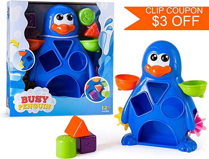 A EduKid Toys Busy Penguin Baby Bath Toy - Shape Sorter & Water Wheel Action Bath-time Toy by