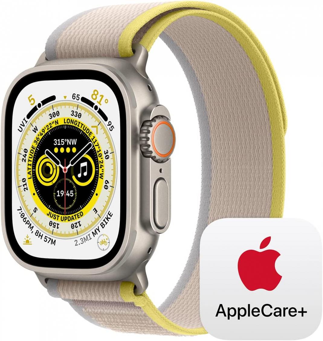 Apple Watch Ultra GPS + Cellular, 49mm Titanium Case with Yellow/Beige Trail Loop - S/M with AppleCare+ (2 Years)