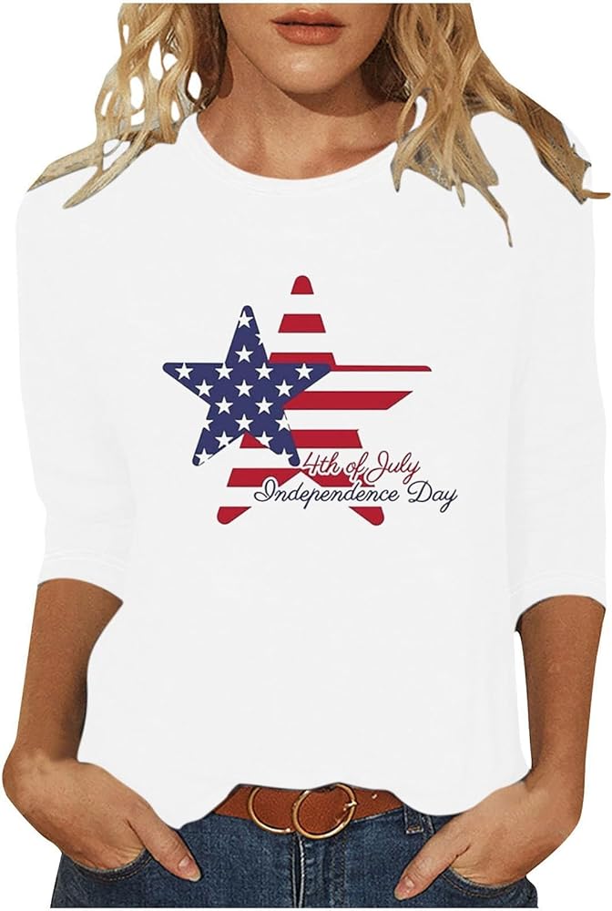 Fourth of July Tops for Women 3/4 Sleeve Stars and Stripes Patriotic Shirt Casual Loose Fit Summer Trendy Tunic Clothes