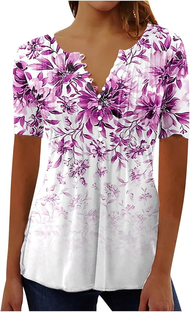 Ceboyel Women Floral Tunic Tops V Neck Button Down Henley Shirts Short Sleeve Causal Blouse Dressy Trendy Summer Clothing