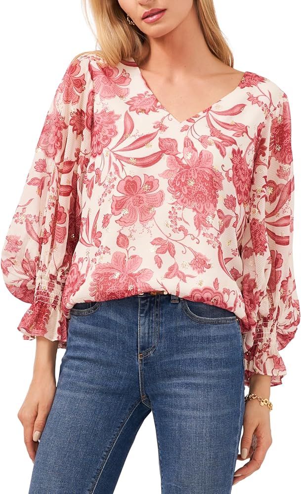 Vince Camuto Womens Floral Print Boatneck Pullover Top