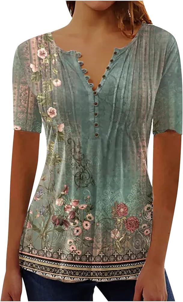 Ceboyel Loose Fitting Tops for Women 2023 Button Down Henley Blouse Floral Short Sleeve Tunic Shirt Dressy Ladies Clothing