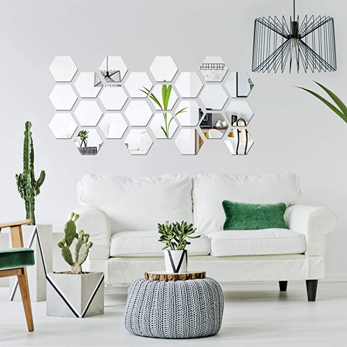 32 Pieces Removable Acrylic Mirror Setting Hexagon Wall Sticker Decal Honeycomb Mirror for Home Living Room Bedroom Decor (18.4 x 16 x 9.2 cm)