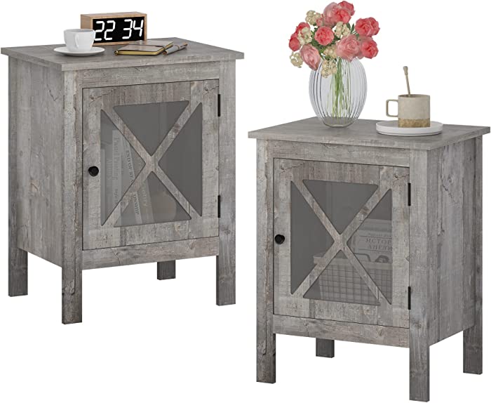 JAXPETY Set of 2 Wooden Nightstand with X-Design Glass Door, End Table Sofa Table Side Table with Rustic Style for Bedroom Living Room Bathroom Office Home Furniture (2-Pack) (Light Grey)