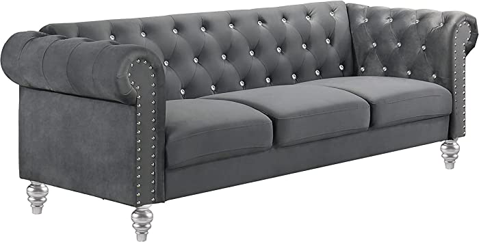 New Classic Furniture Glam Emma Velvet Three Seater Chesterfield Style Sofa for Small Spaces with Crystal Button Tufts, Gray