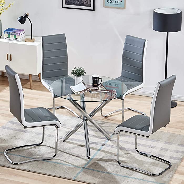 SICOTAS 5 Piece Round Dining Table Set for 4 Person, Modern Round Glass Table with Faux Leather High Back Dining Room Chairs,Dining Set for Dining Room Kitchen (Table + 4 Grey Chairs)