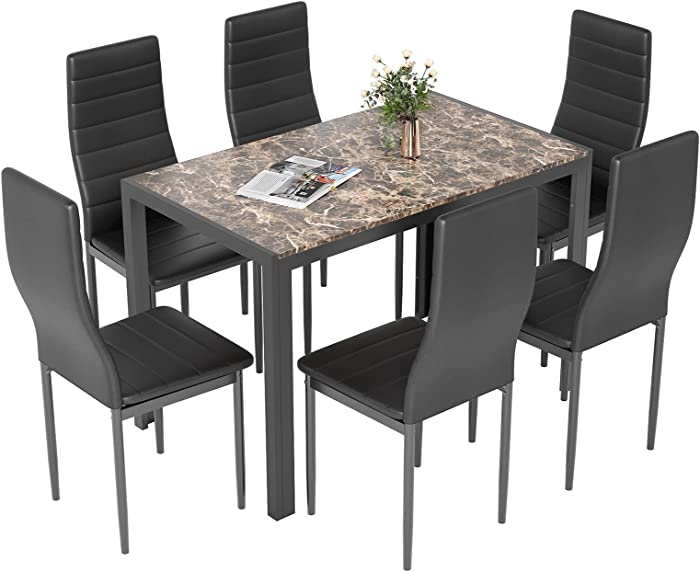 BAHOM 7 Piece Kitchen Dining Table Set for 6, Particle Board Table and PU Leather Chairs Set of 6 for Breakfast - Marble