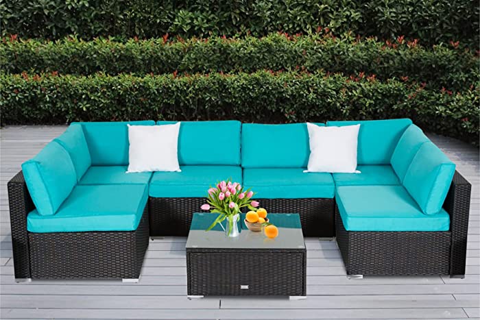 Patio Furniture Set Outdoor Sectional Sofa - Kinfant PE Rattan Wicker Conversation Set with Glass Table and Cushions for Porch Balcony Garden Poolside (Turquoise, 7 Pcs)